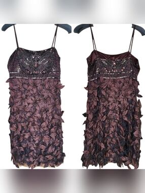 Embellished Plum Floral Appliqué Spaghetti-Strap Dress